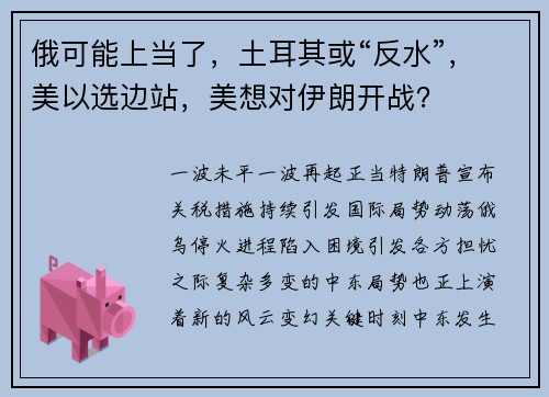 俄可能上当了，土耳其或“反水”，美以选边站，美想对伊朗开战？